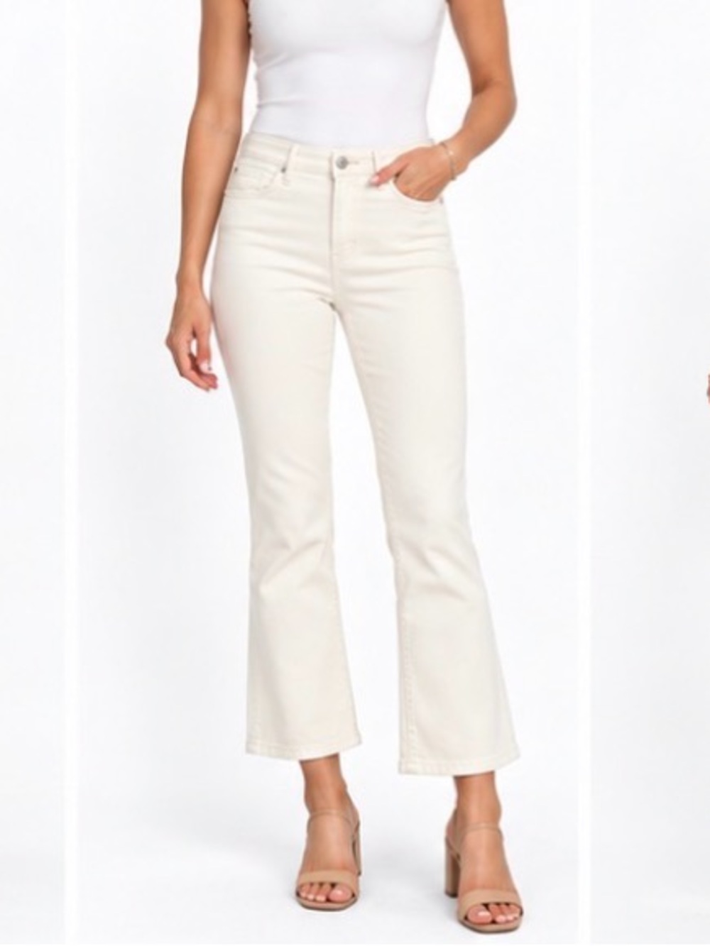White House Black Market Cream High-Rise Bootcut Crop Jeans